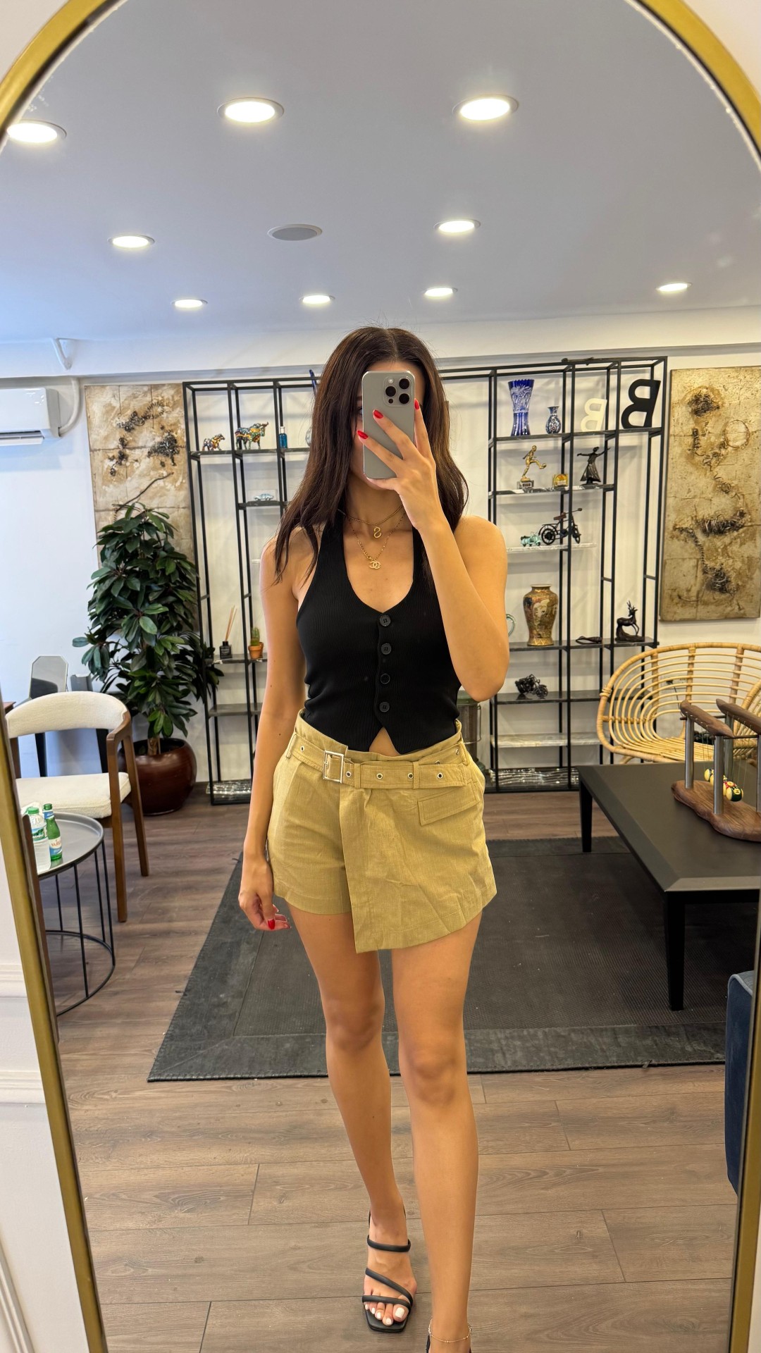 Cep Detay Kemerli Şort Etek - Haki