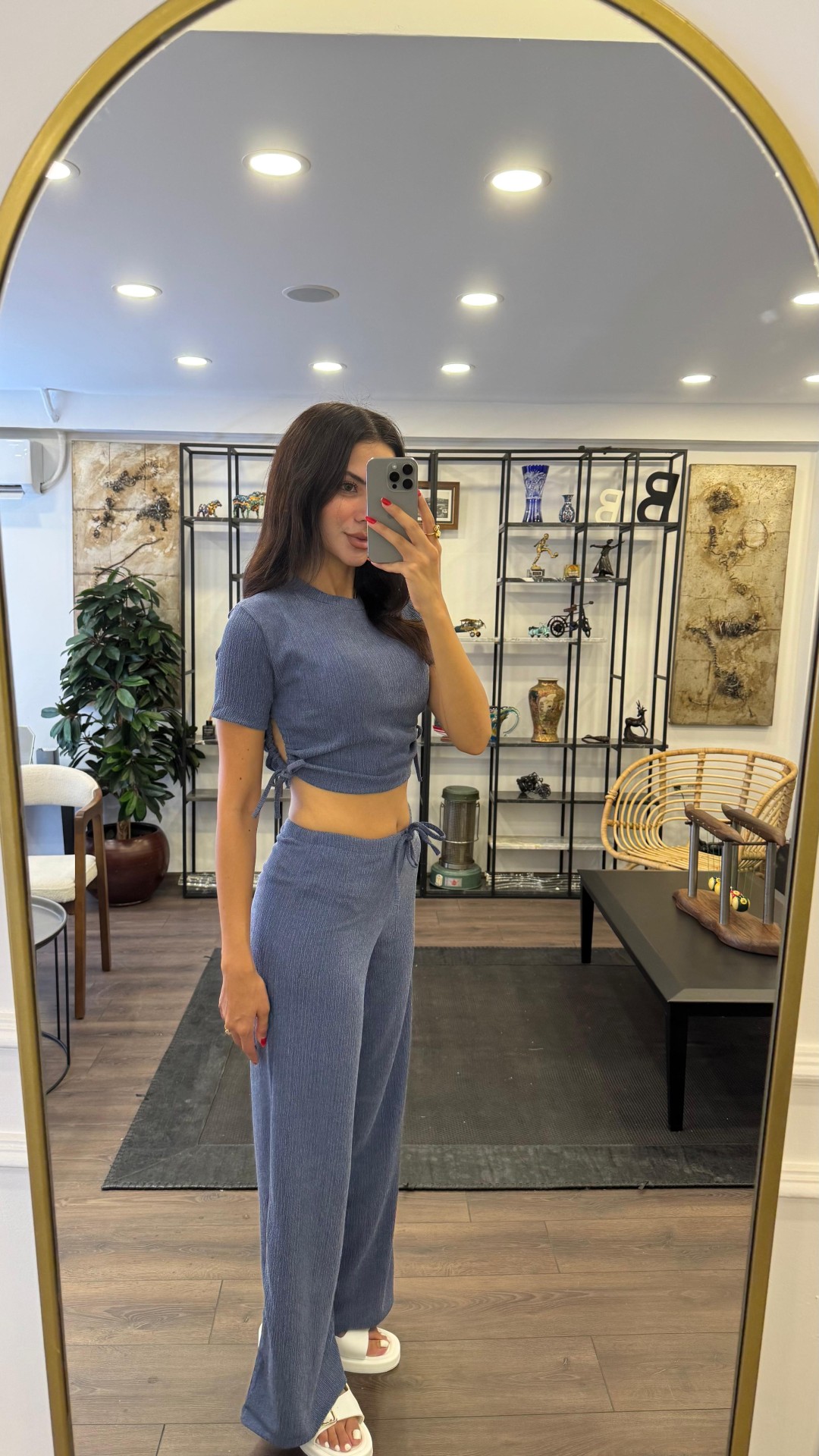 Yandan Bağcıklı Bol Paça Takım - Mavi