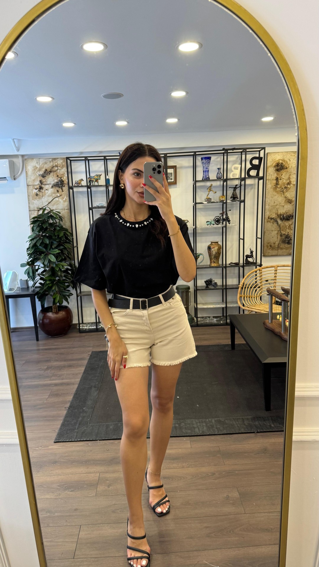 Bisiklet Yaka Taşlı Basic T-shirt  - Siyah