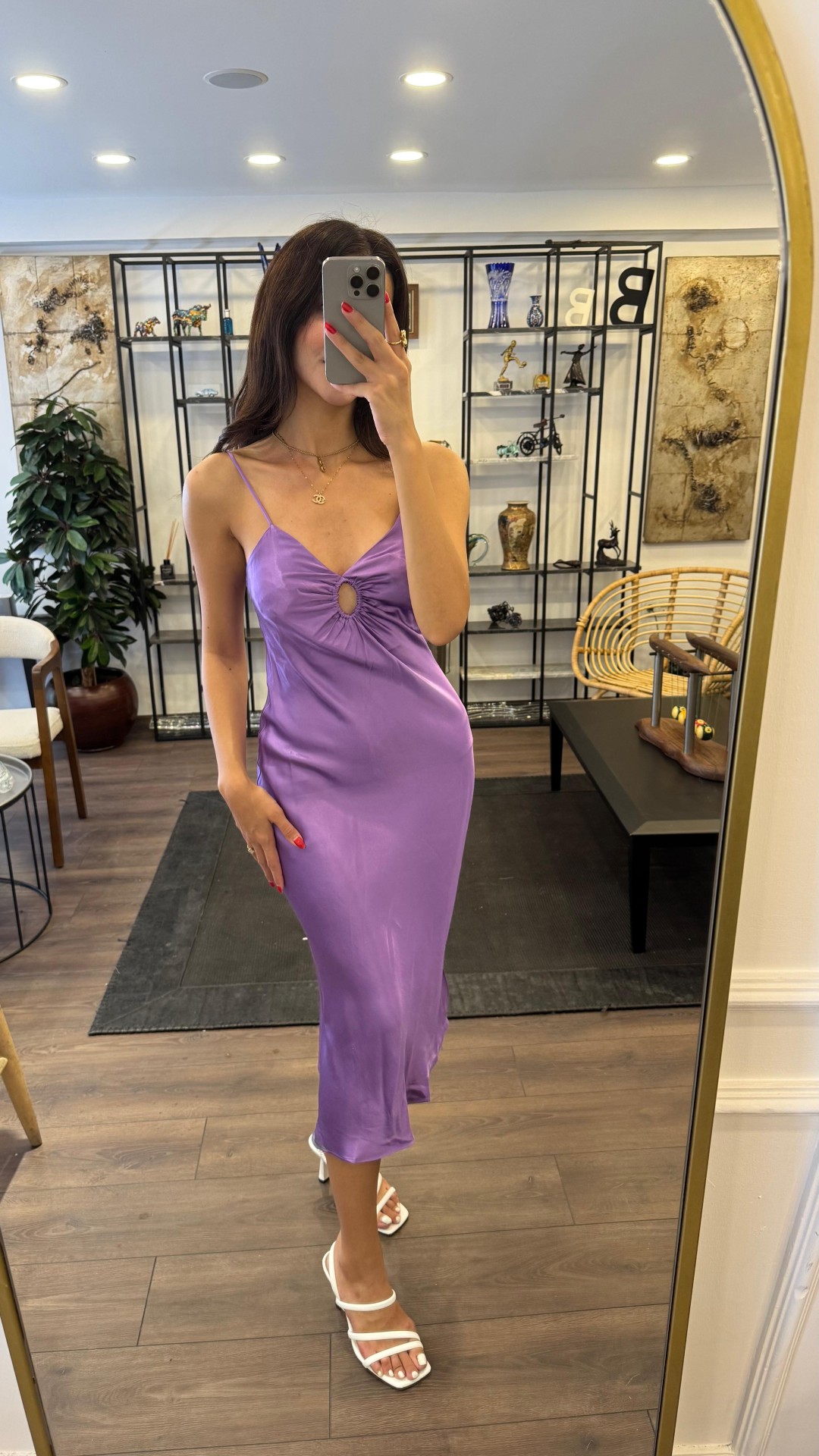 İnce Askılı Saten Elbise - Mor