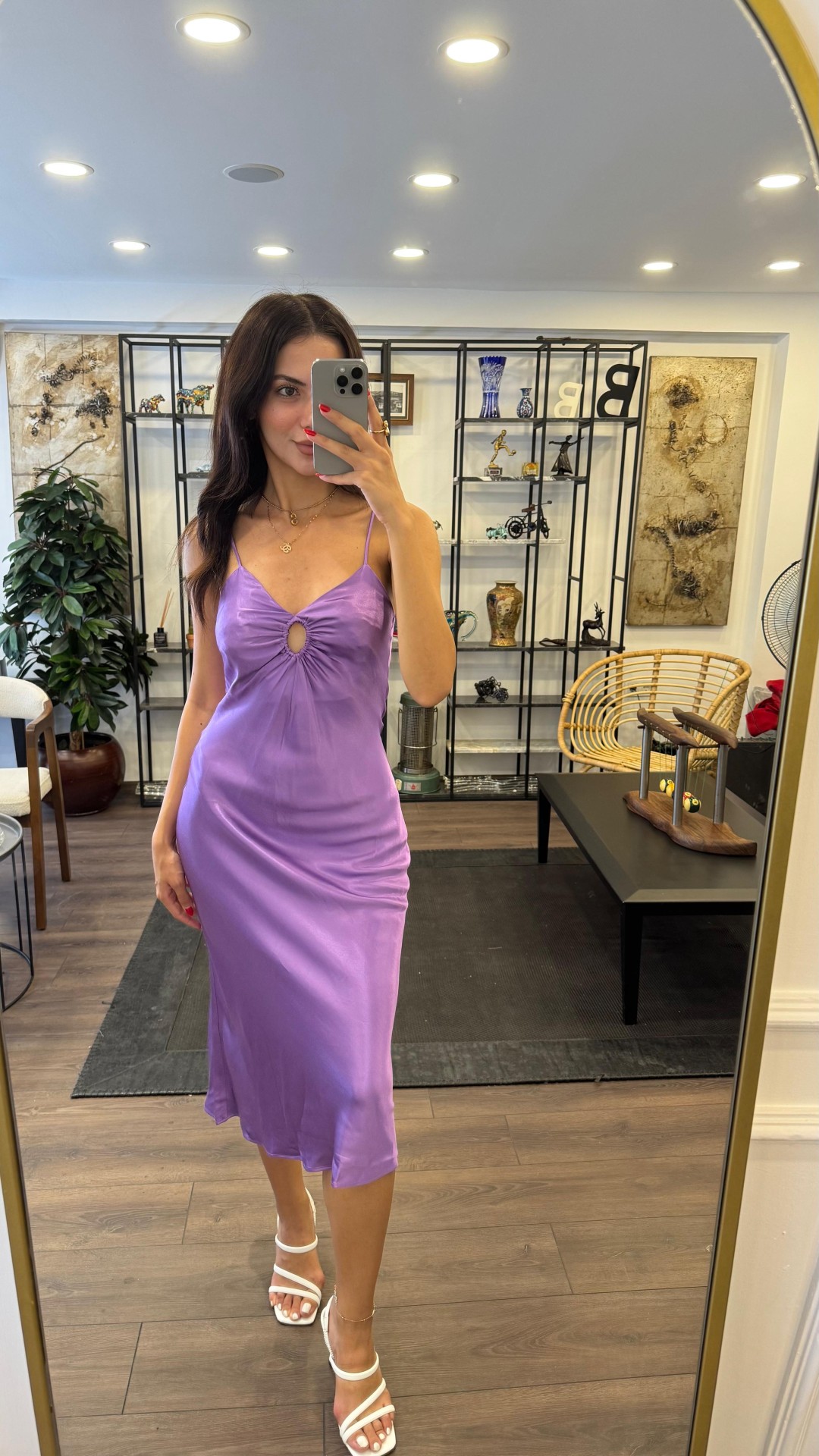 İnce Askılı Saten Elbise - Mor