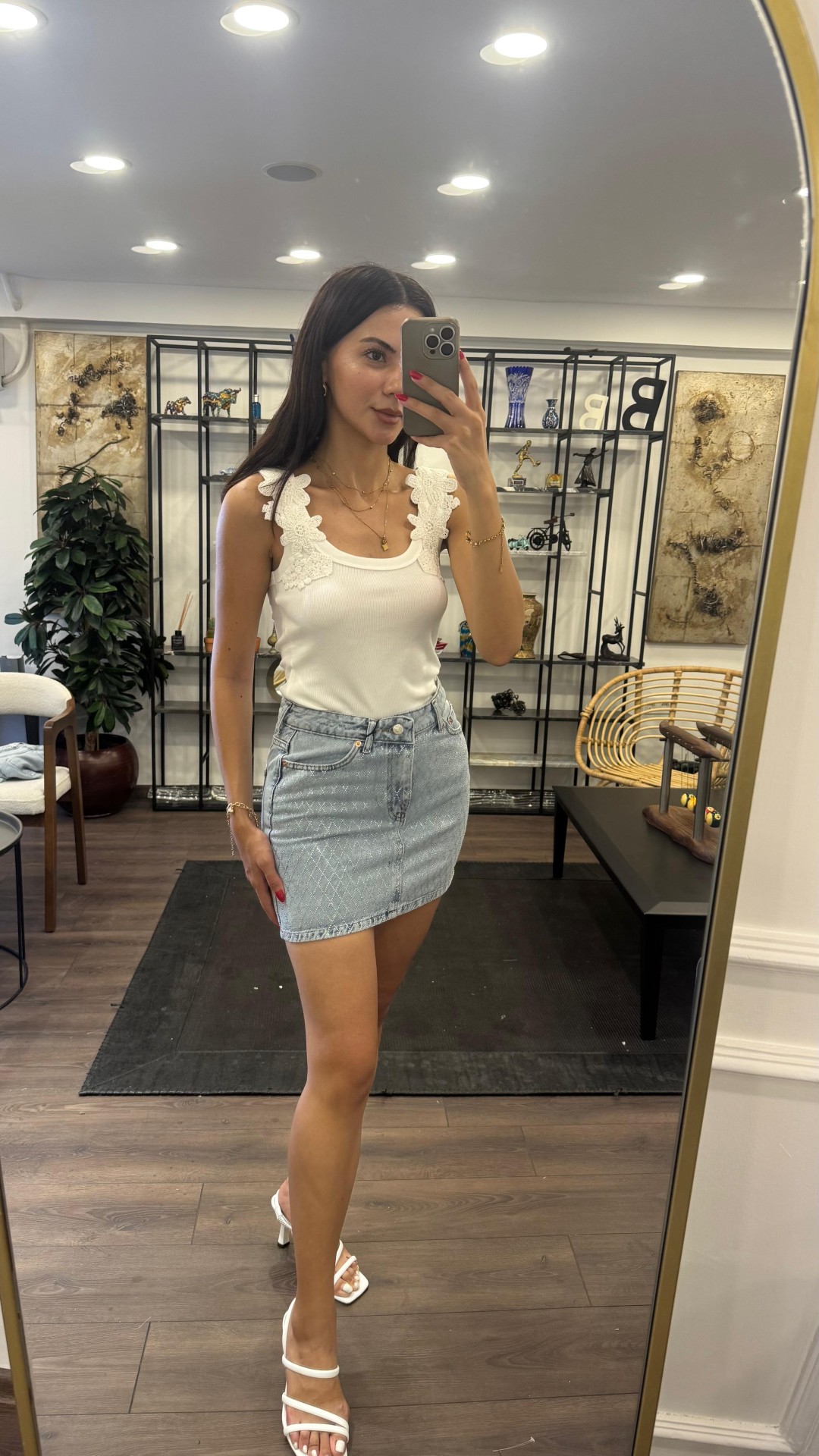 Baklava Desen Dar Kalıp Taşlı Jean Etek - Açık Mavi