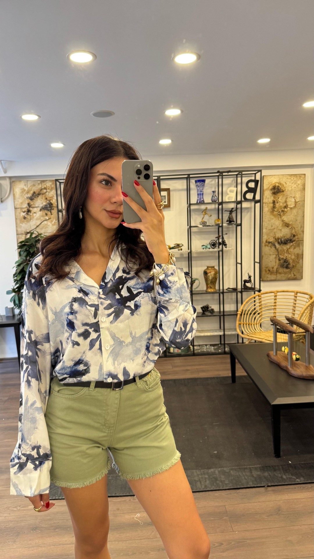 Oversize Krep Kumaş Gömlek - Desenli