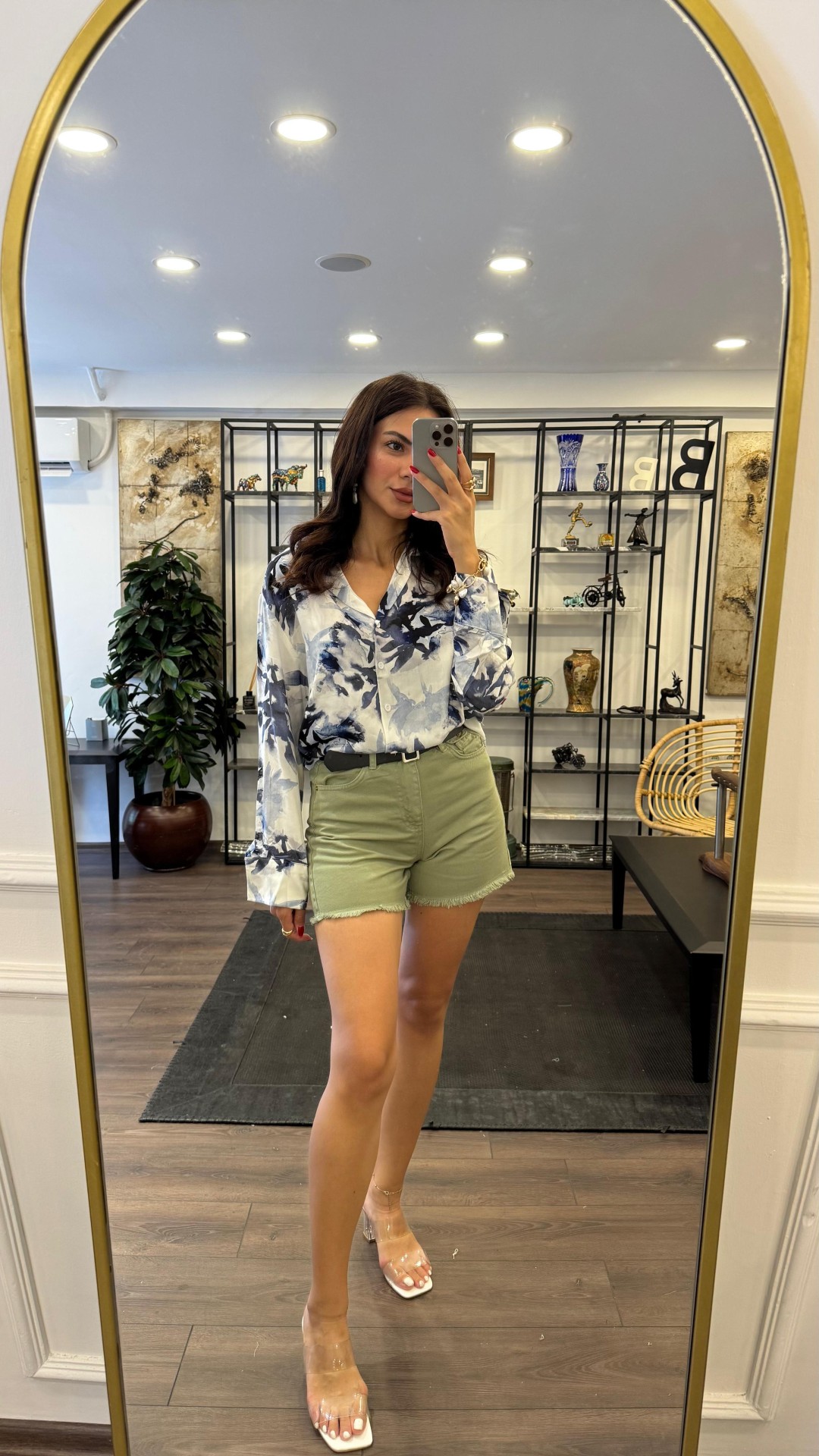 Oversize Krep Kumaş Gömlek - Desenli