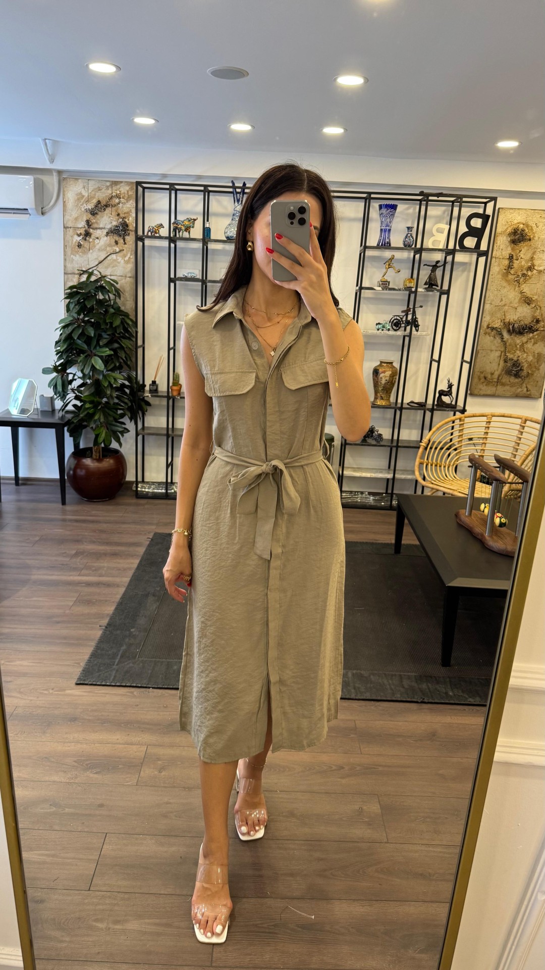 Cep Detaylı Bağlamalı Kolsuz Gömlek Elbise - Açık Haki Yeşili