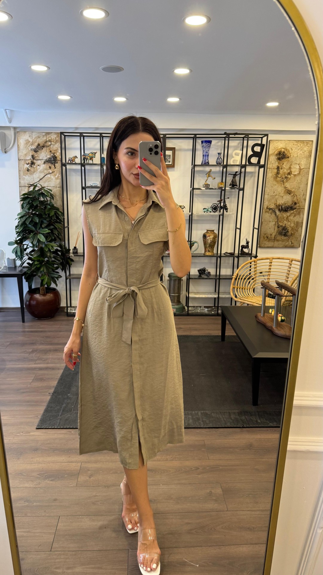 Cep Detaylı Bağlamalı Kolsuz Gömlek Elbise - Açık Haki Yeşili