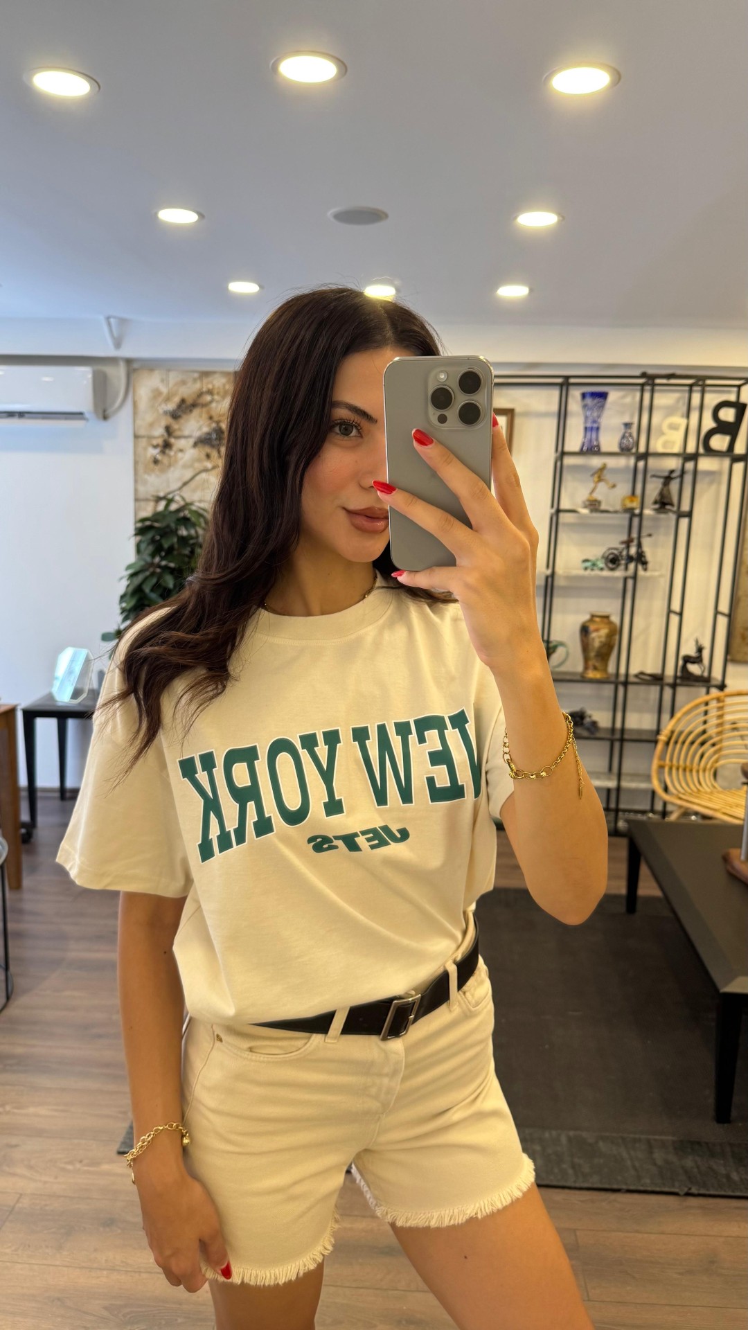 New York Baskılı T-shirt - Bej