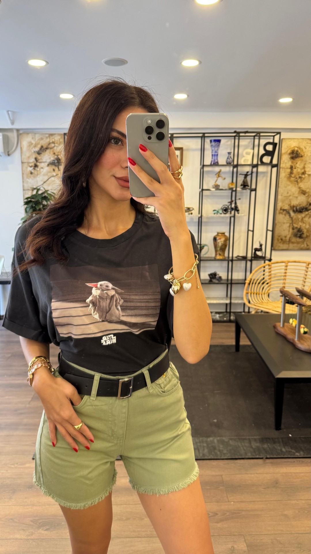 Yoda Baskılı Bisiklet Yaka T-shirt - Antrasit