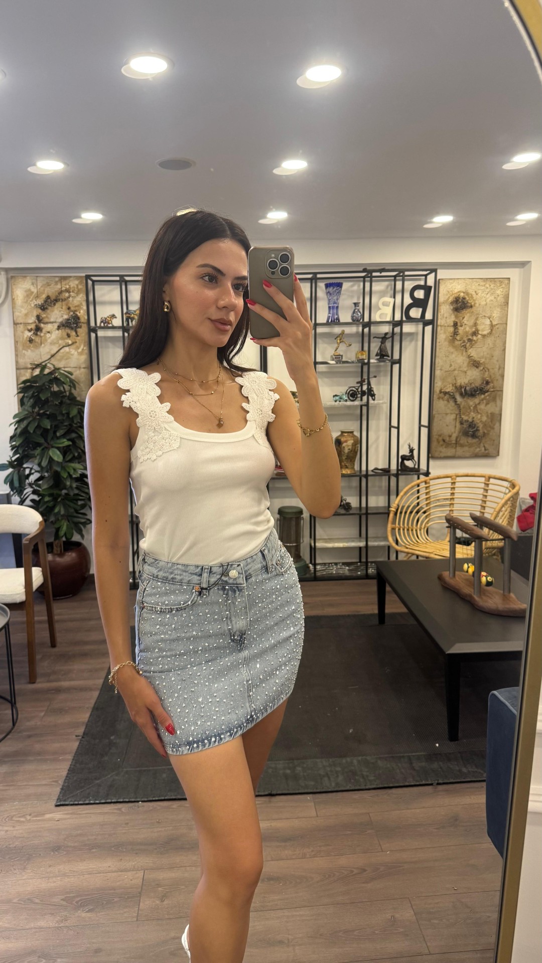 Taş Detaylı Dar Kalıp Mini Jean Etek - Açık Mavi