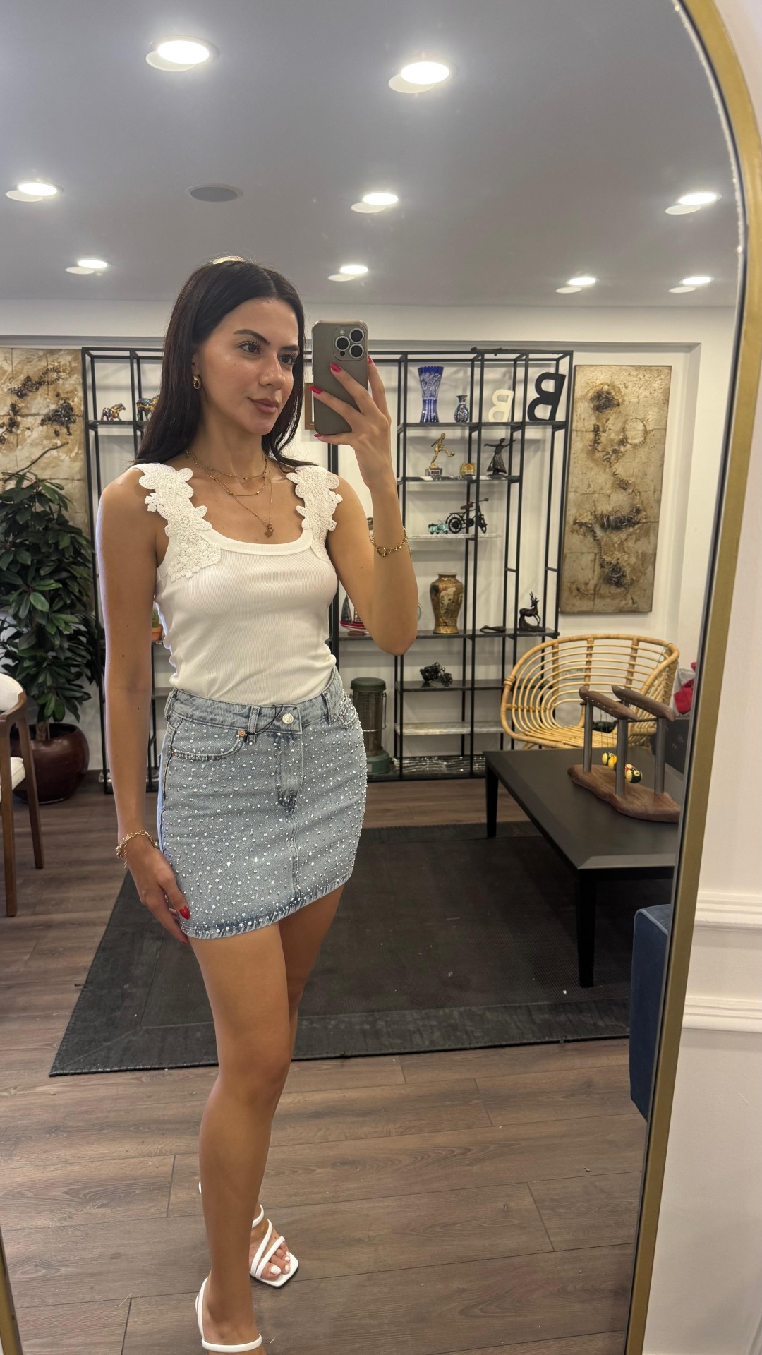 Taş Detaylı Dar Kalıp Mini Jean Etek - Açık Mavi