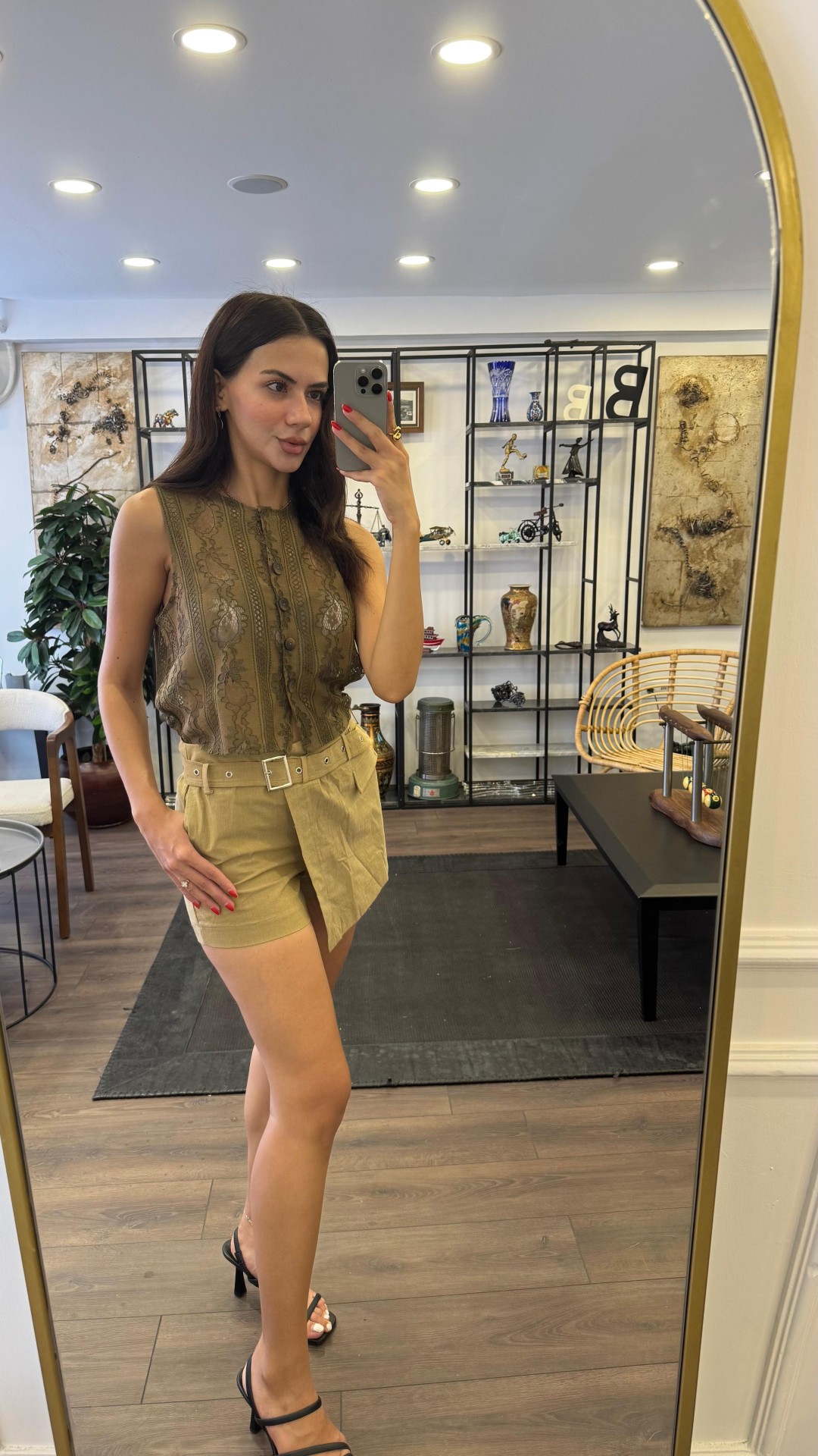 Etnik Desenli Düğmeli Yelek - Haki