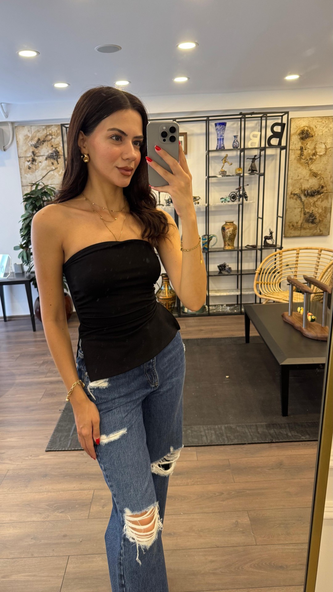 Yandan Yırtmaçlı Straplez Bluz - Siyah