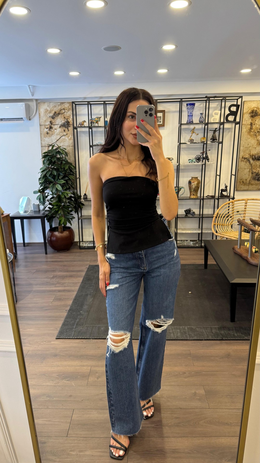 Yandan Yırtmaçlı Straplez Bluz - Siyah