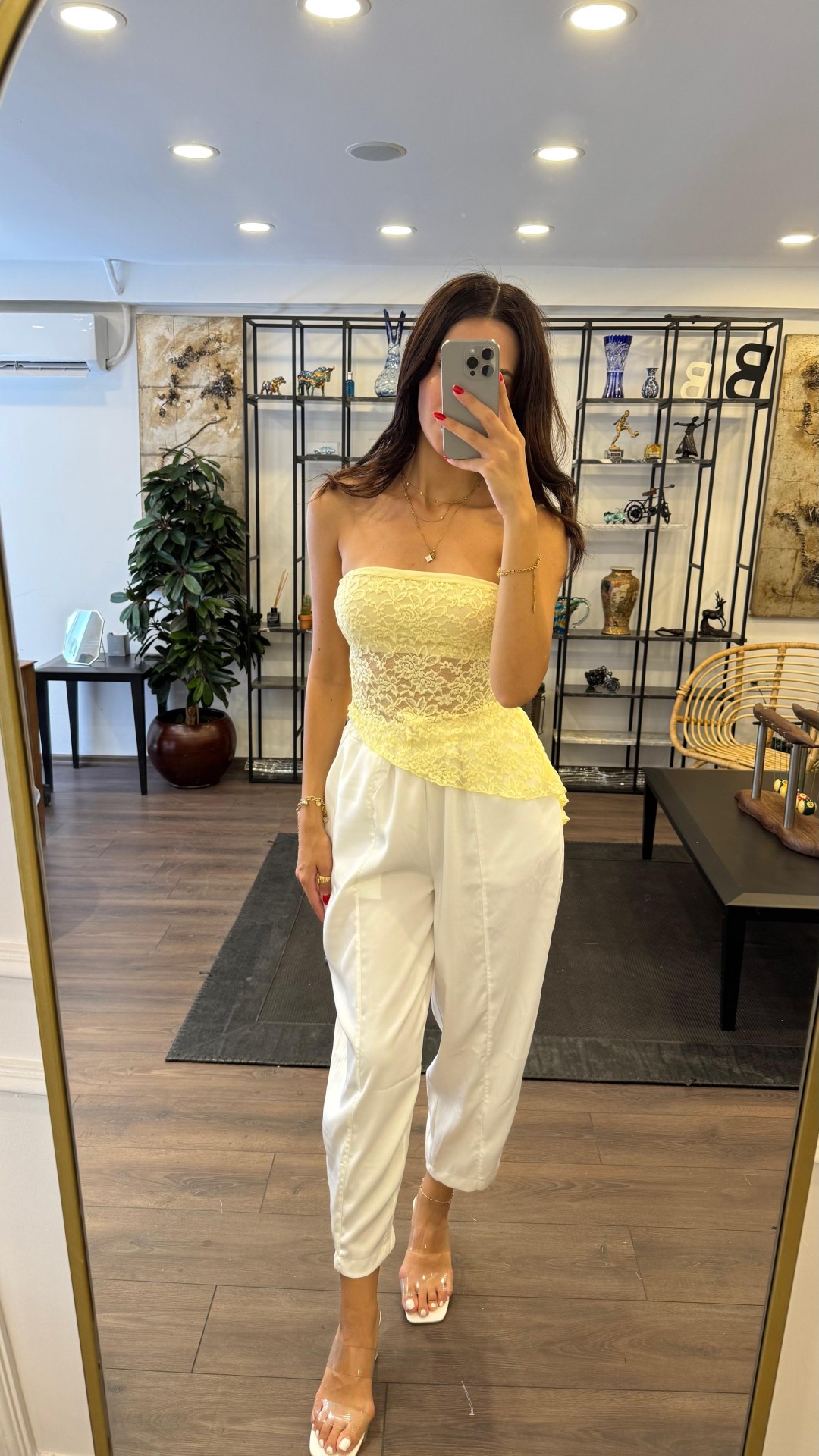 Straplez Dantelli Asimetrik Bluz - Sarı