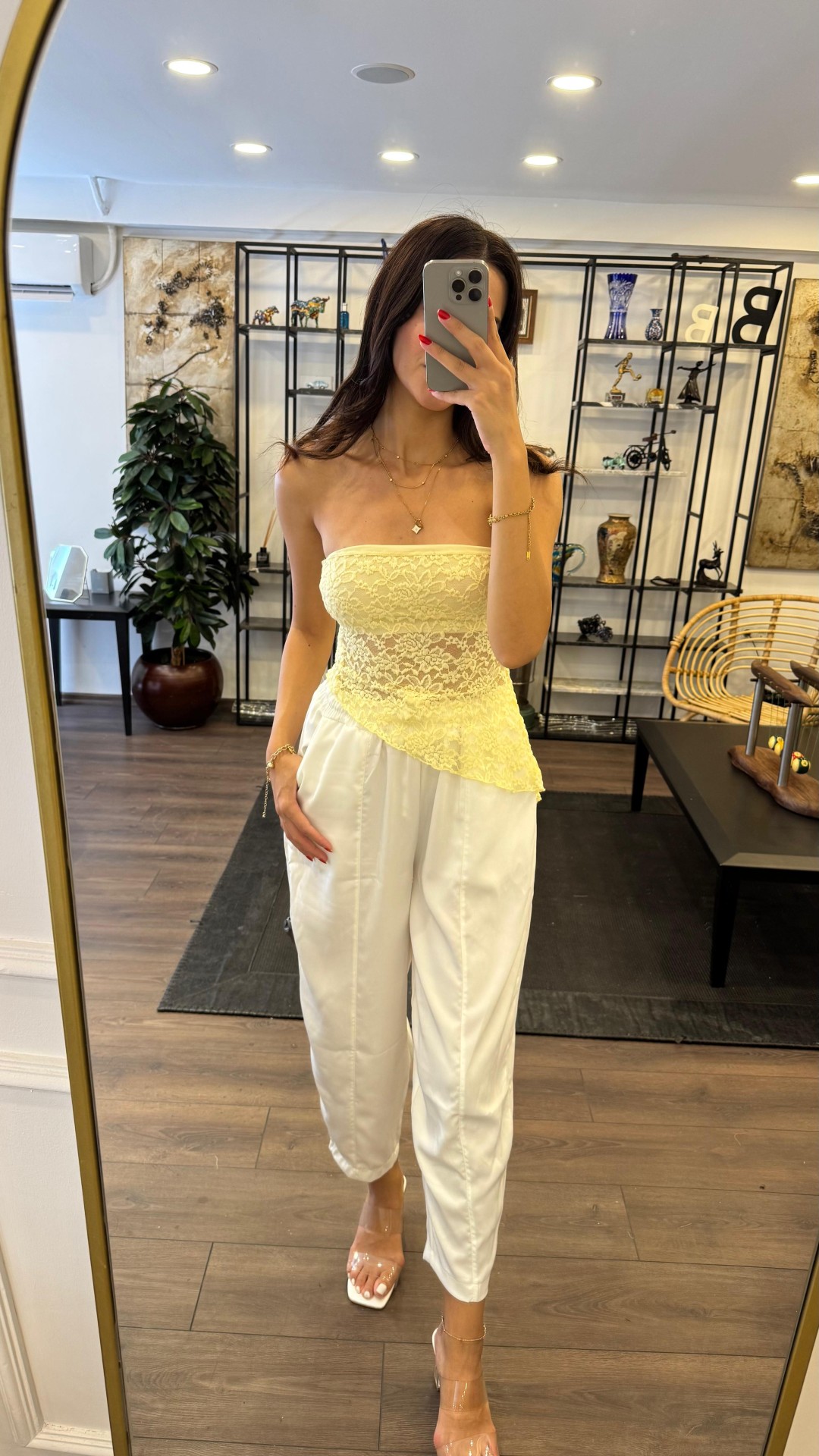 Straplez Dantelli Asimetrik Bluz - Sarı