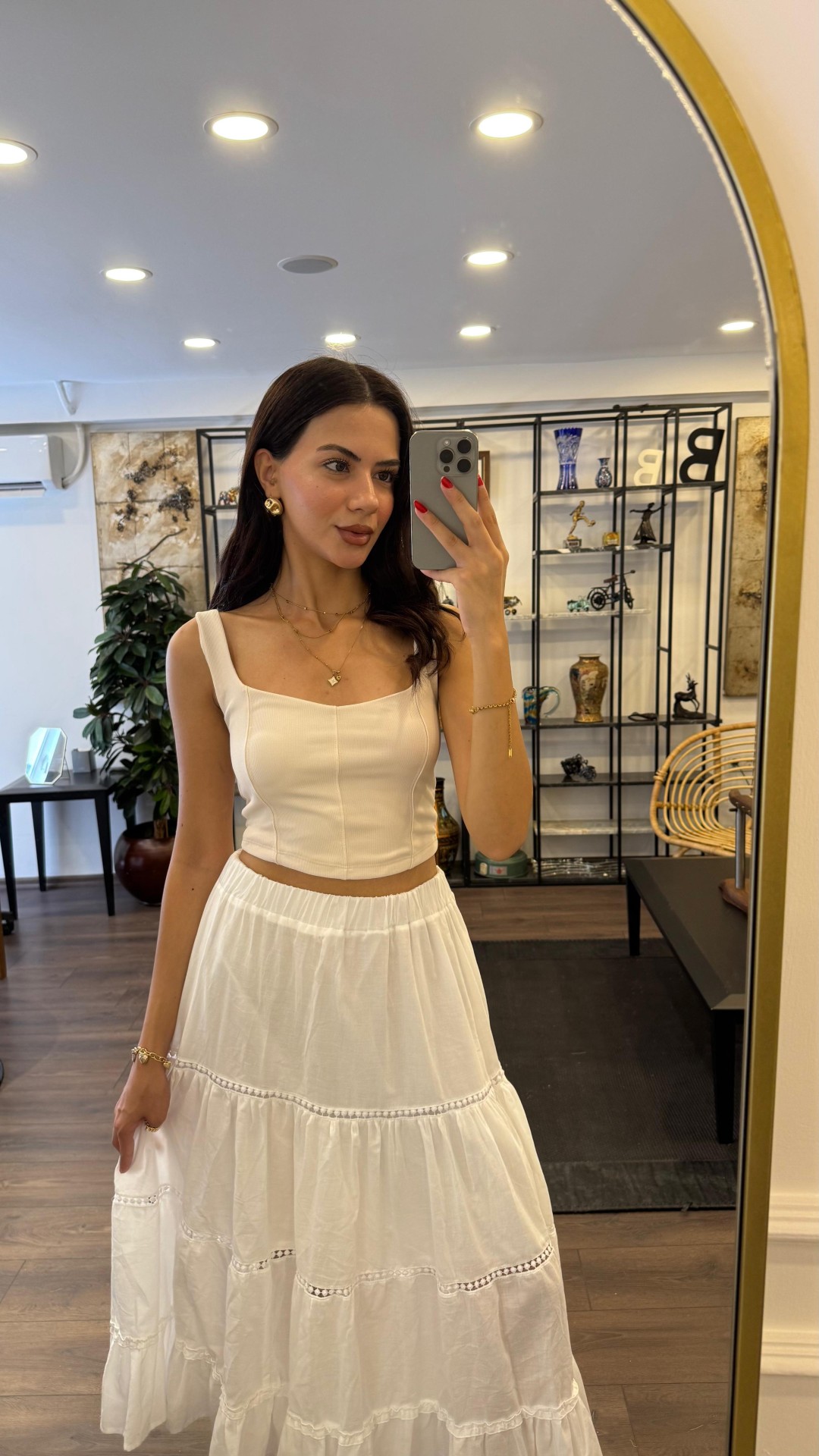 Lastikli Dantel İşlemeli Uzun Etek - Beyaz