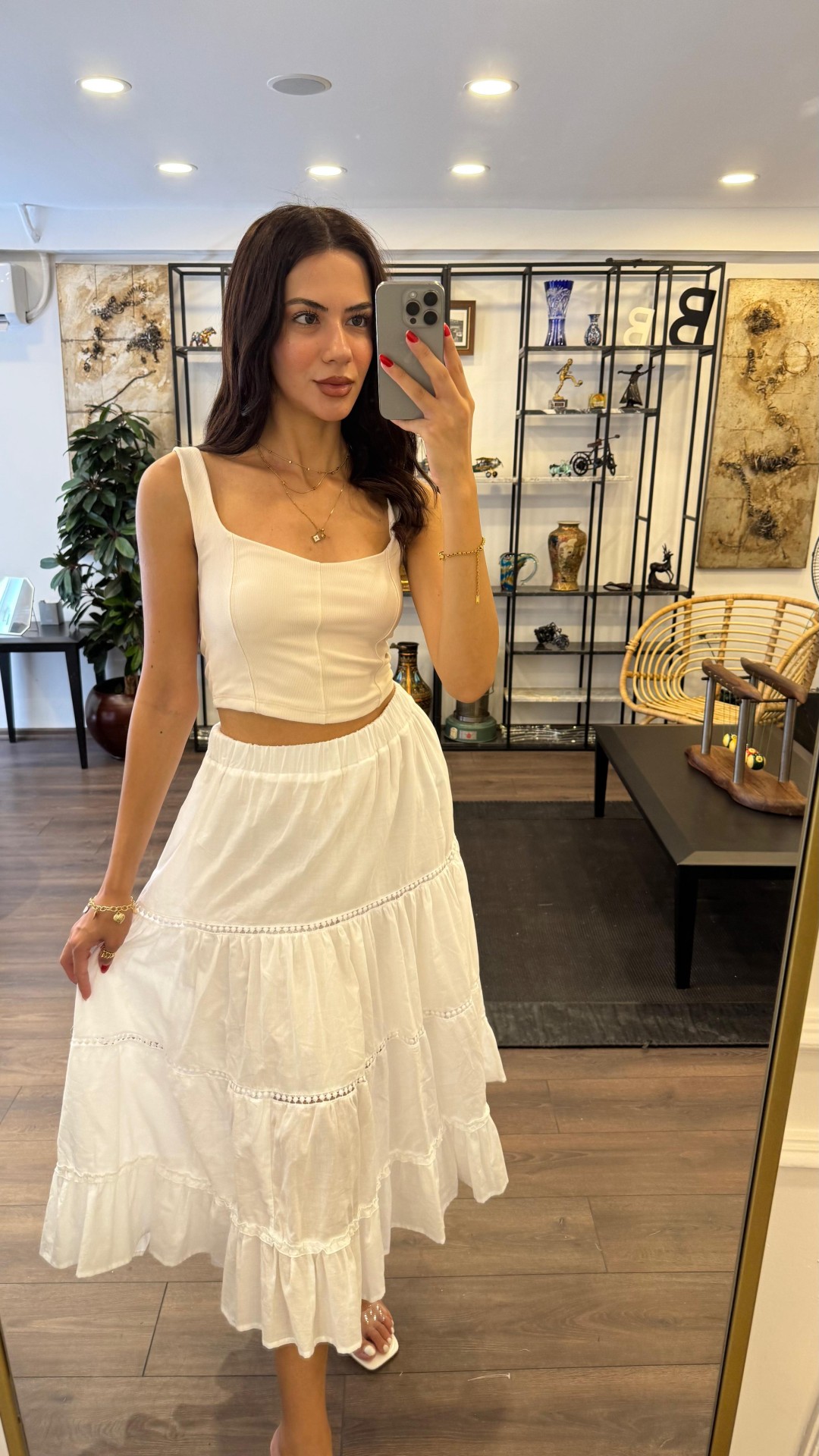 Lastikli Dantel İşlemeli Uzun Etek - Beyaz