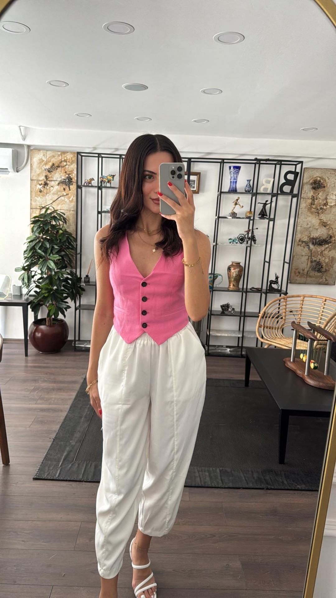 Önü Düğmeli Yelek - Pembe