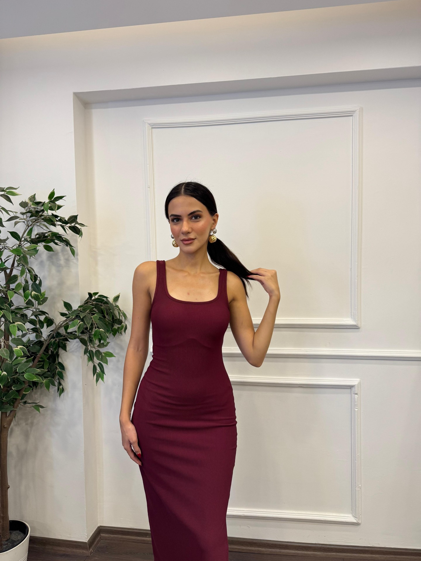 Askılı Yandan Yırtmaçlı Fitilli Elbise - Bordo