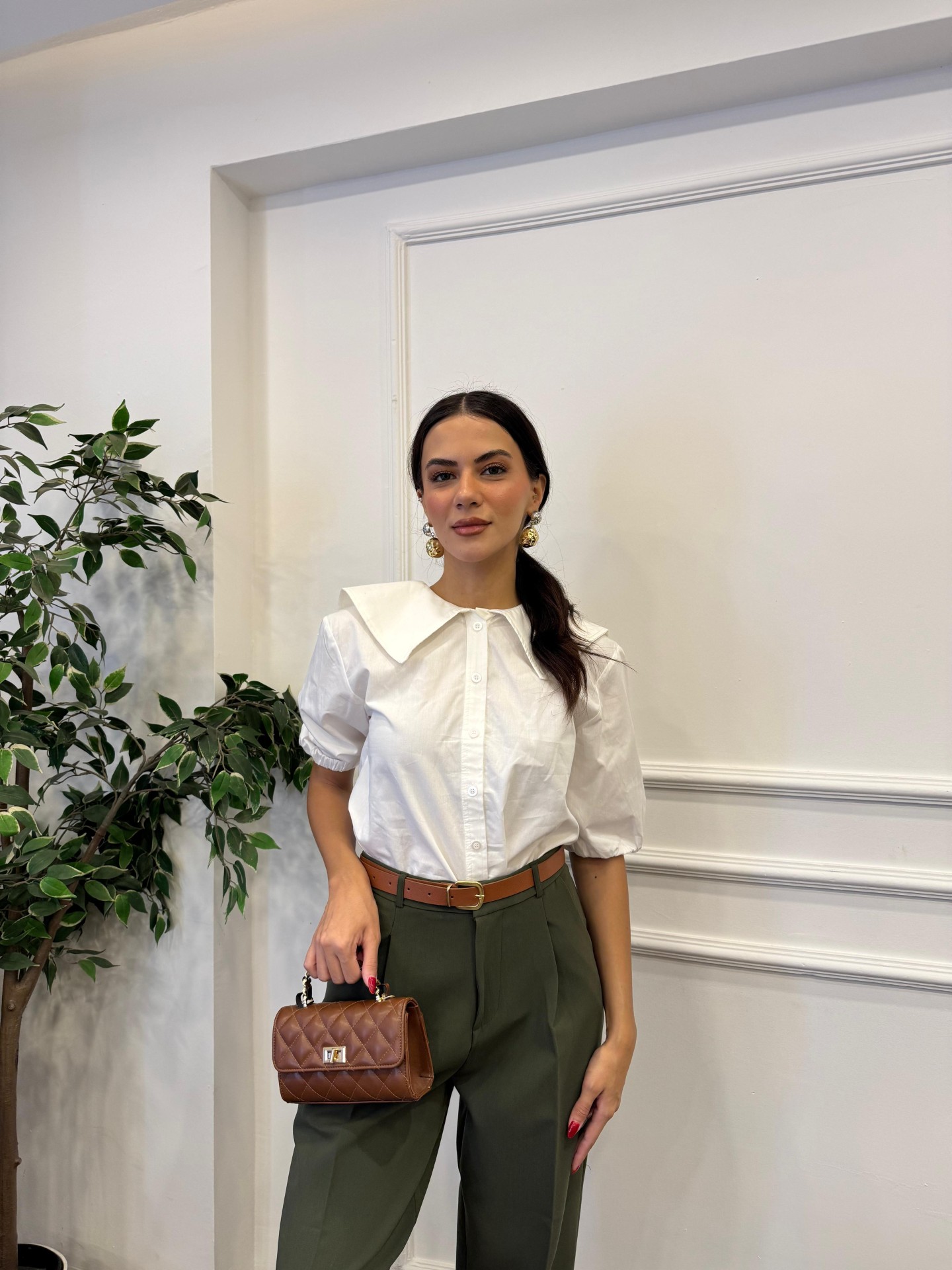  Yaka Detay Yarım Balon Kol Gömlek - Beyaz