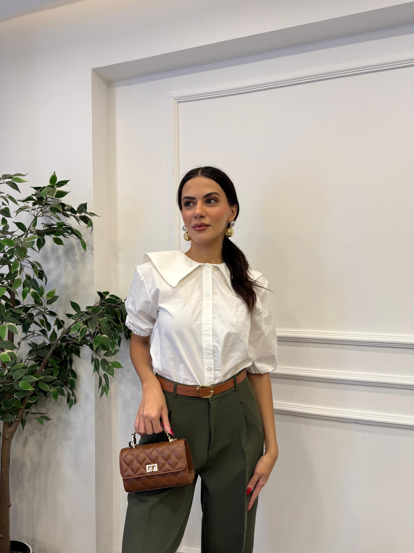  Yaka Detay Yarım Balon Kol Gömlek - Beyaz