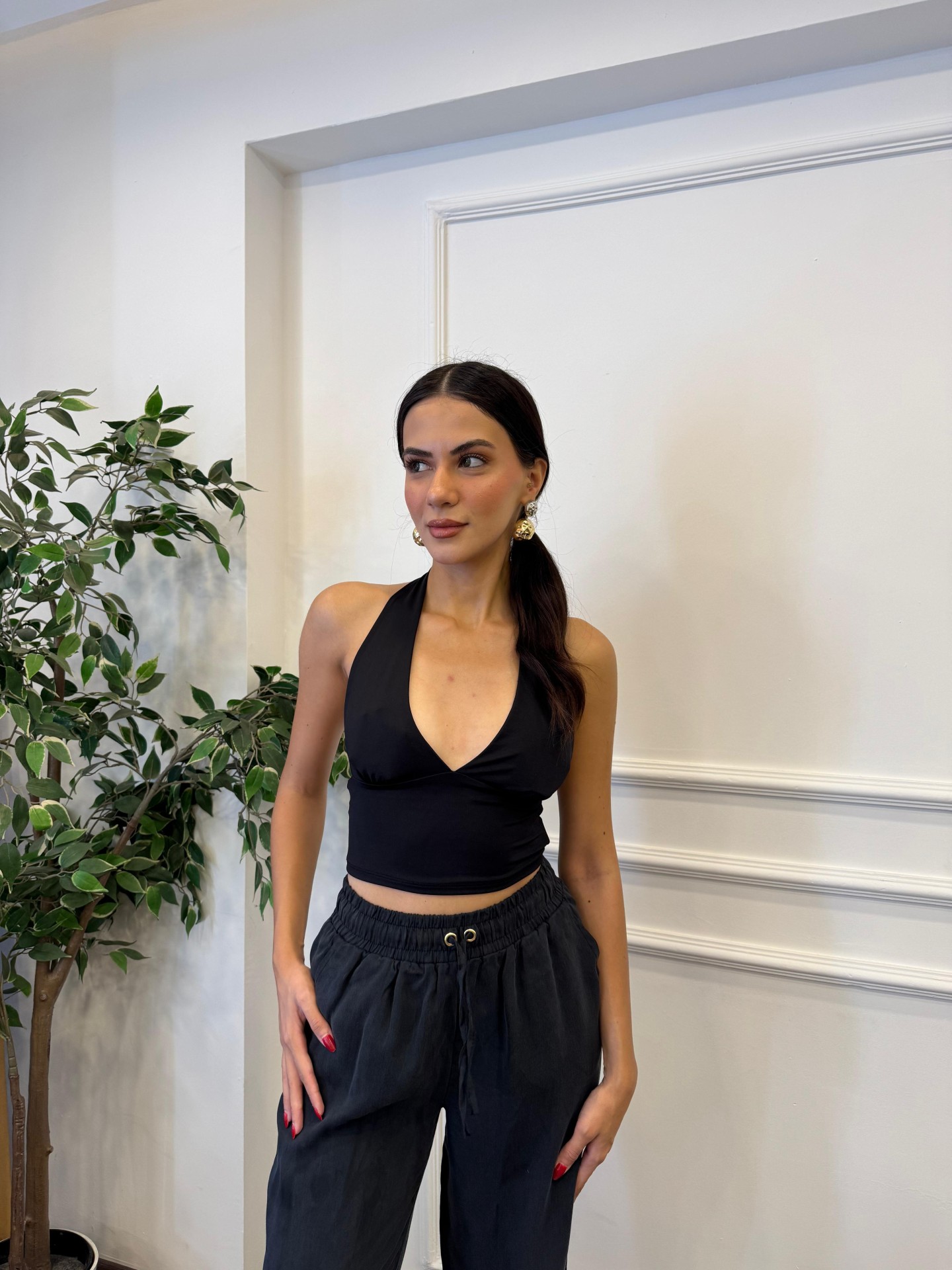 Beli İpli Bol Paça Relax Pantolon - Siyah