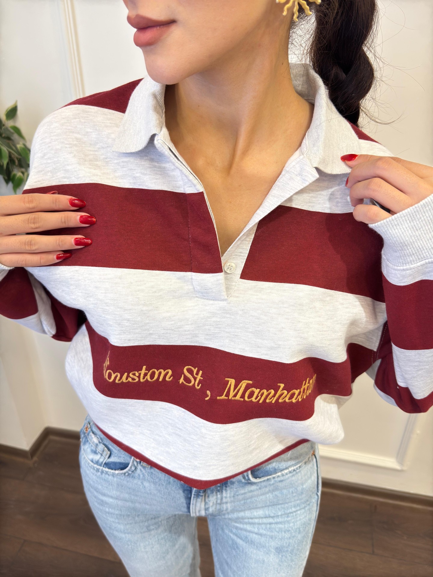 Nakışlı Polo Yaka Sweatshirt - Çizgili