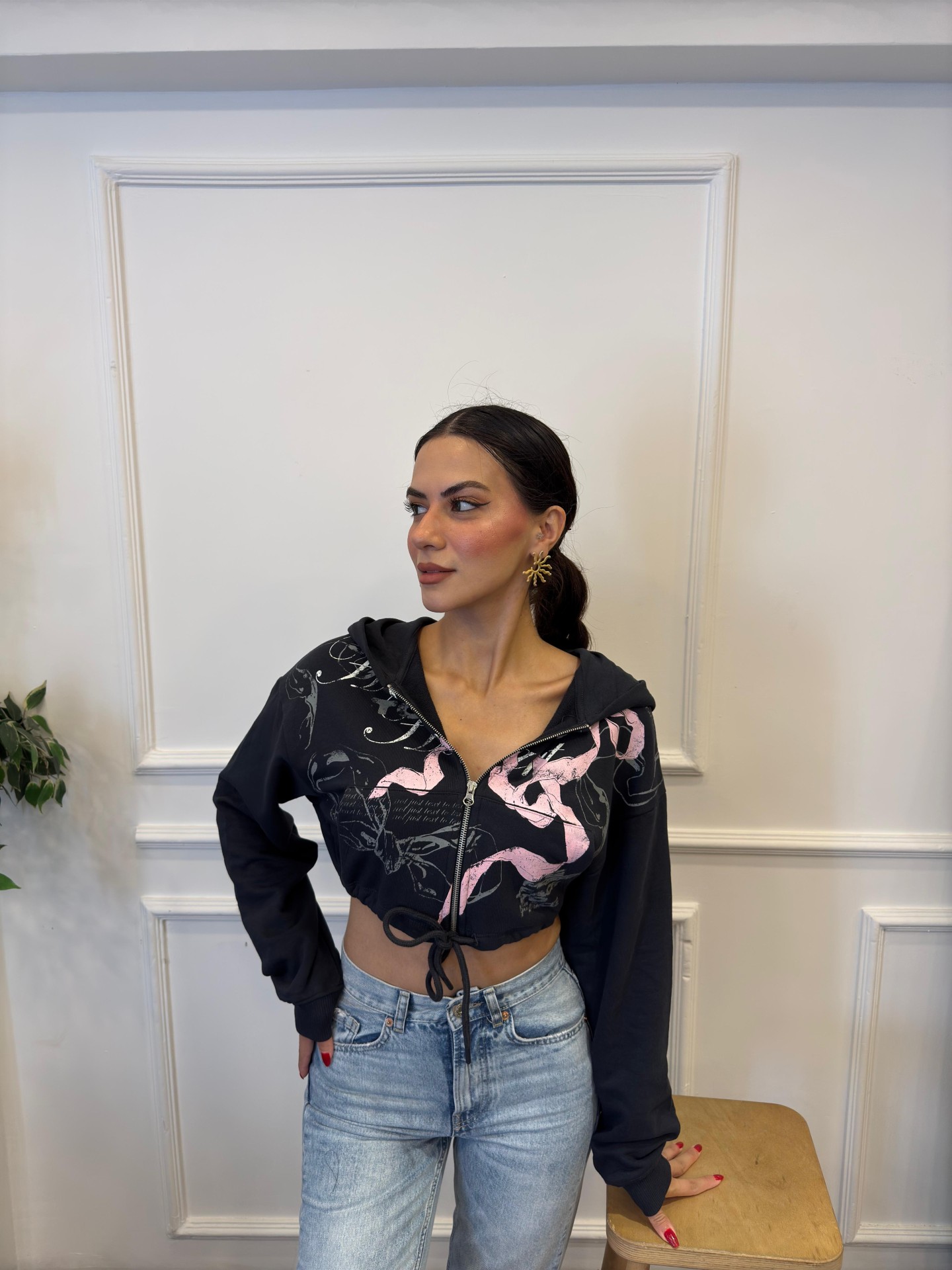 Fermuarlı Kapüşonlu Cropped Sweatshirt - Antrasit