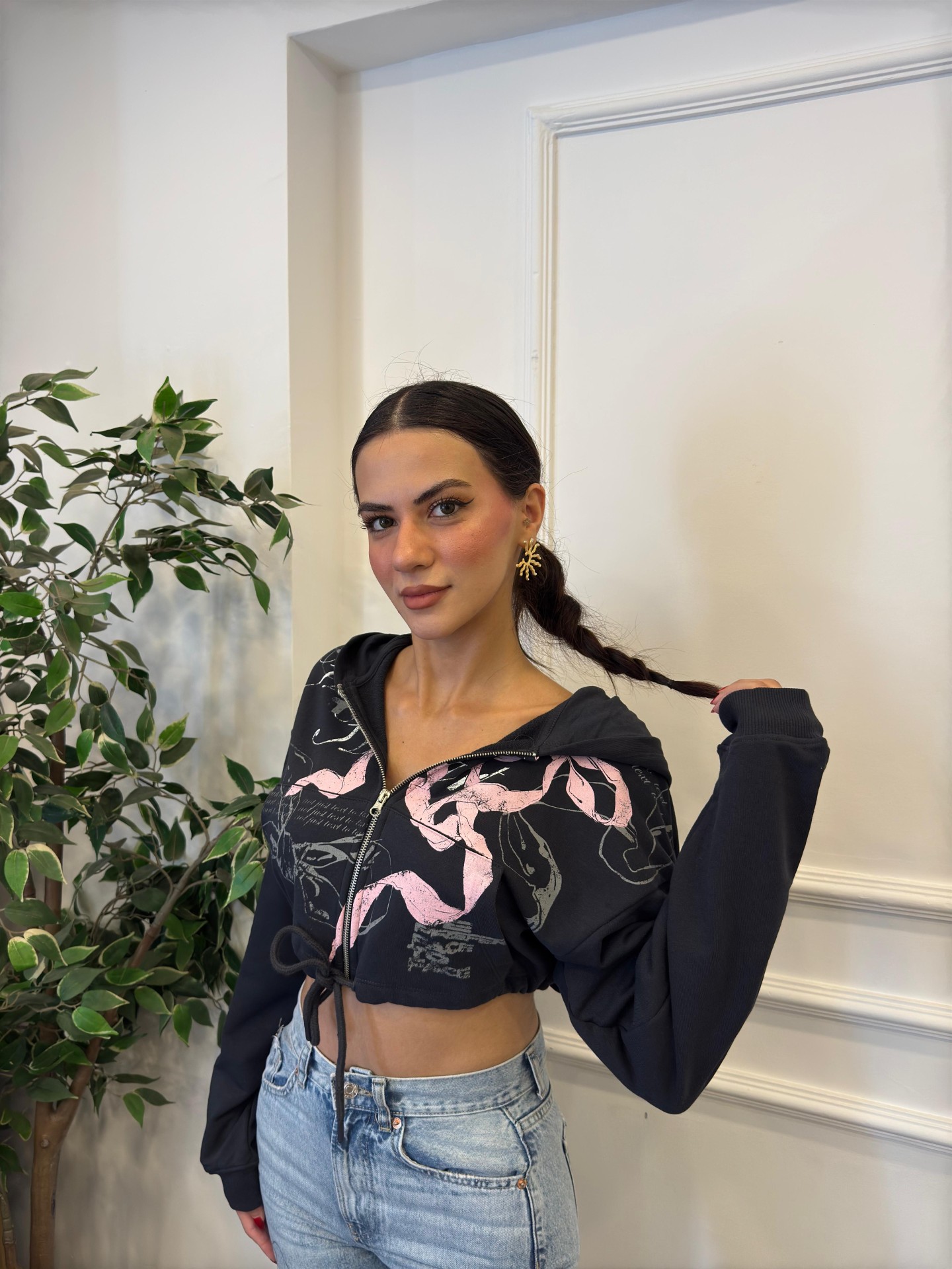 Fermuarlı Kapüşonlu Cropped Sweatshirt - Antrasit