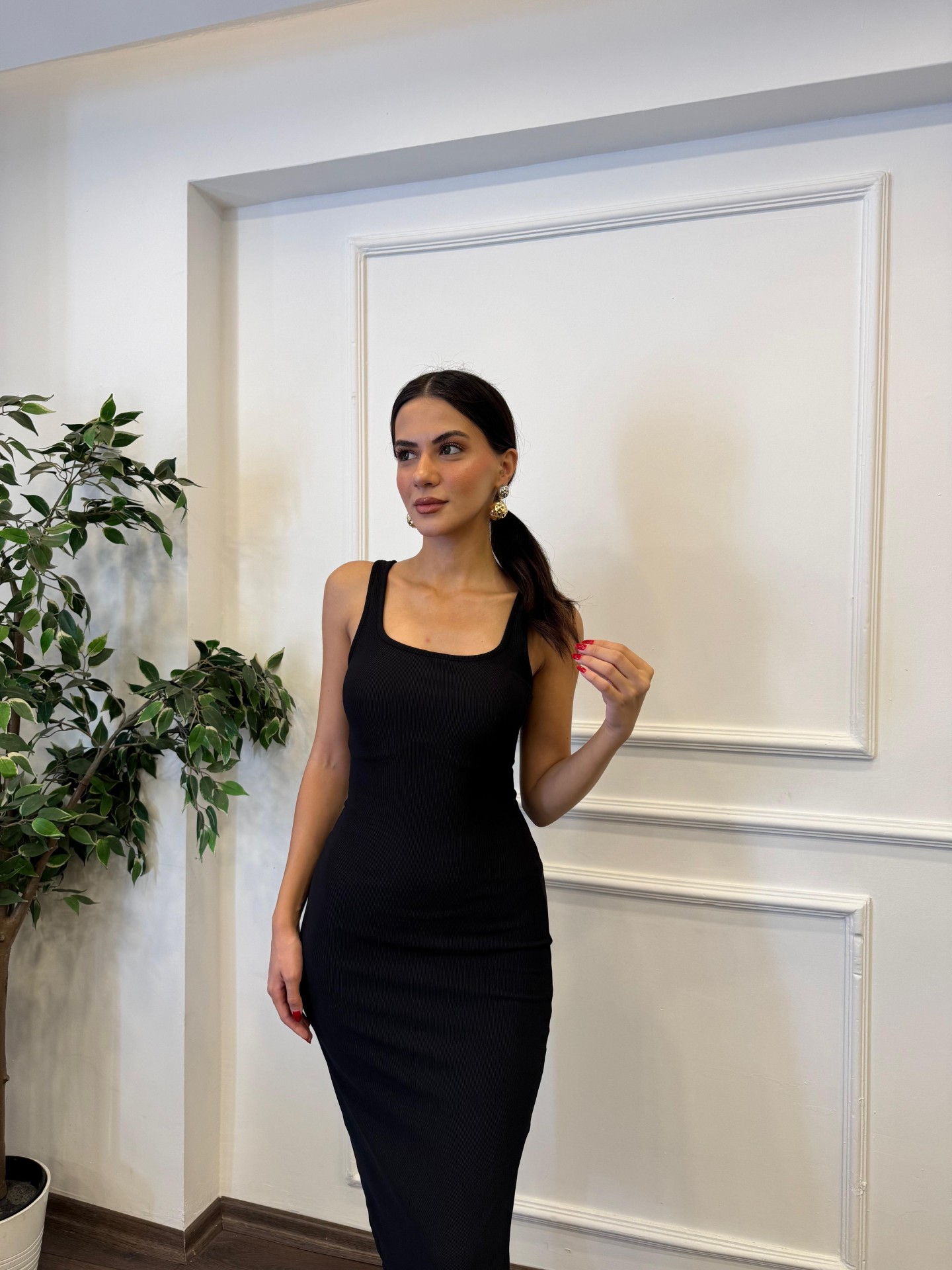 Askılı Yandan Yırtmaçlı Fitilli Elbise - Siyah