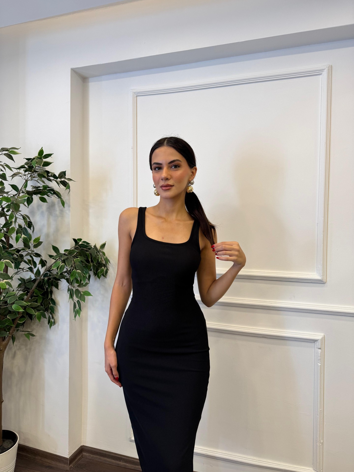 Askılı Yandan Yırtmaçlı Fitilli Elbise - Siyah