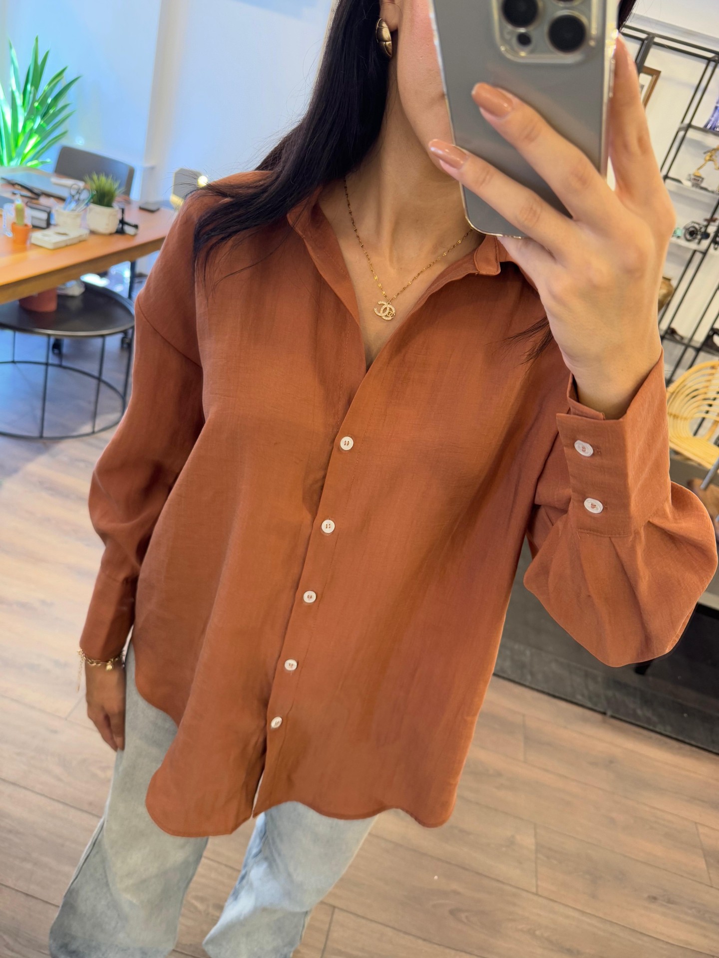 Cepsiz Keten Görünümlü Gömlek - Turuncu