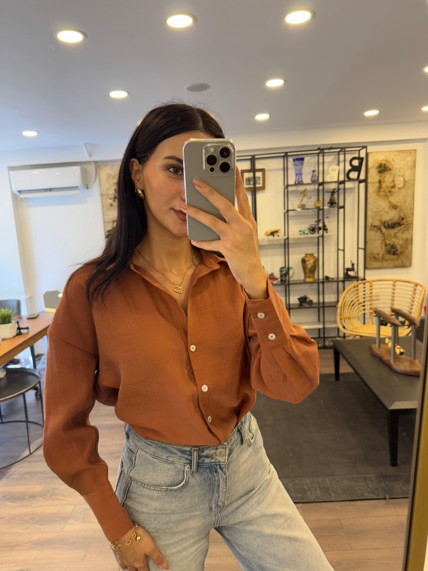 Cepsiz Keten Görünümlü Gömlek - Turuncu