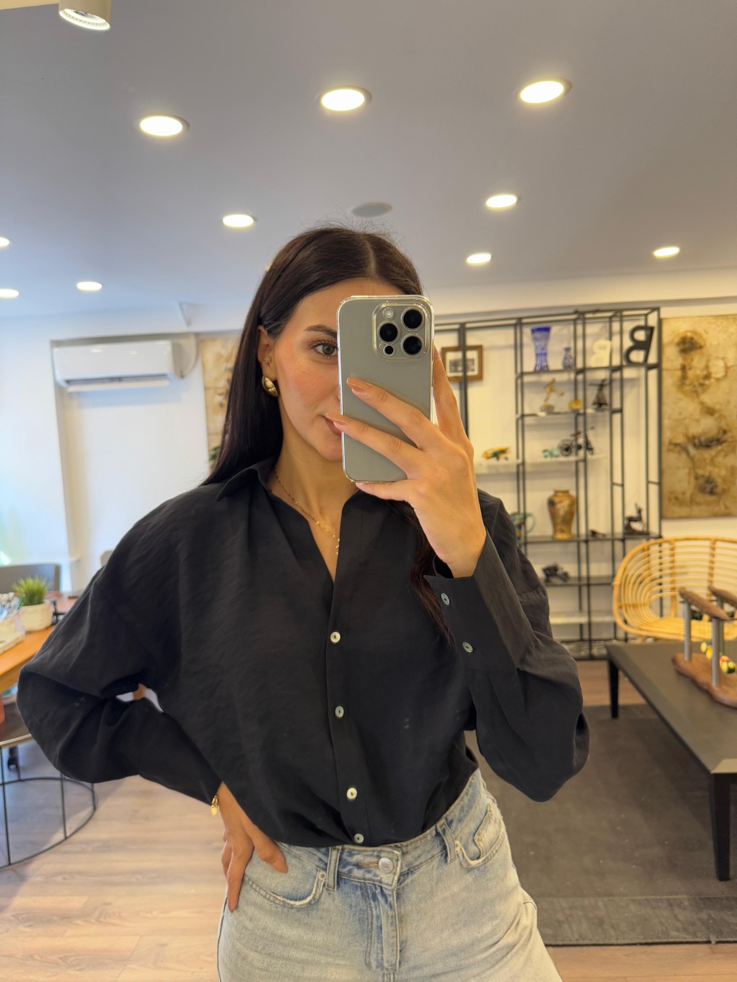 Cepsiz Keten Görünümlü Gömlek - Siyah