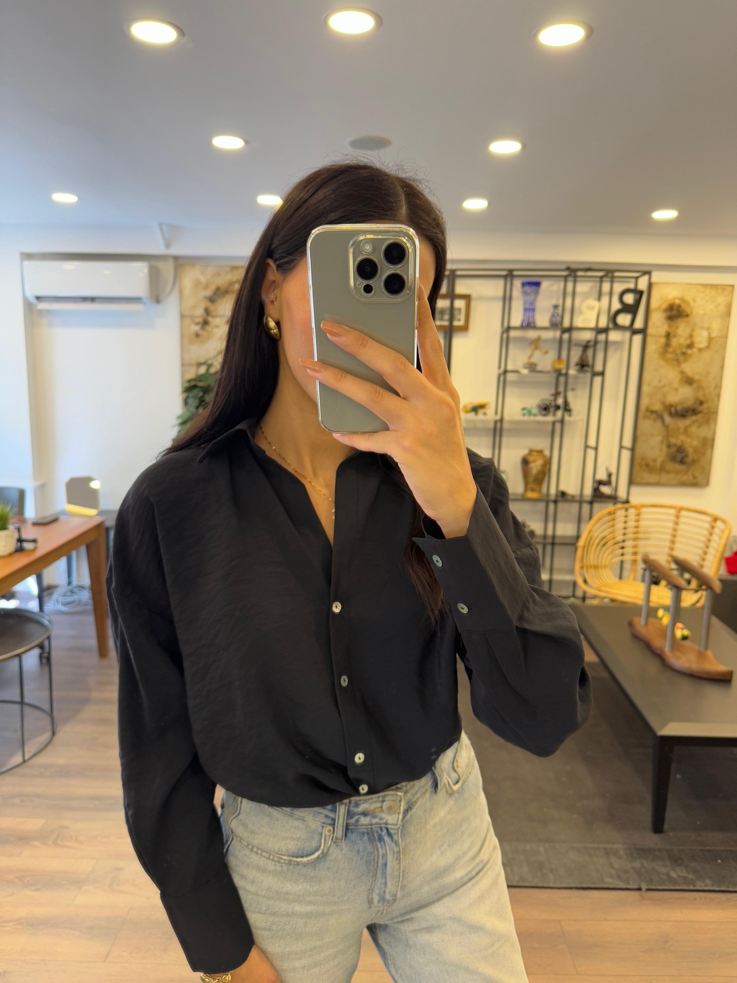 Cepsiz Keten Görünümlü Gömlek - Siyah