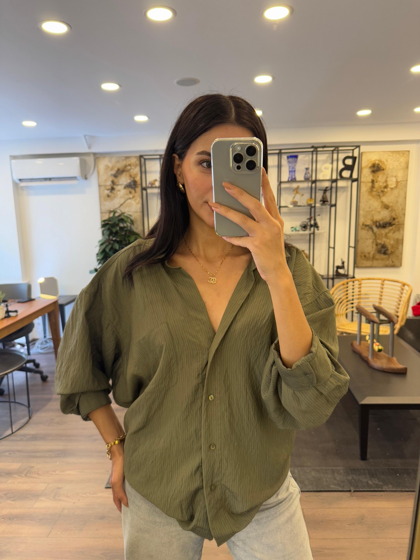 Kendinden Çizgili Cepli Haki Gömlek - Haki