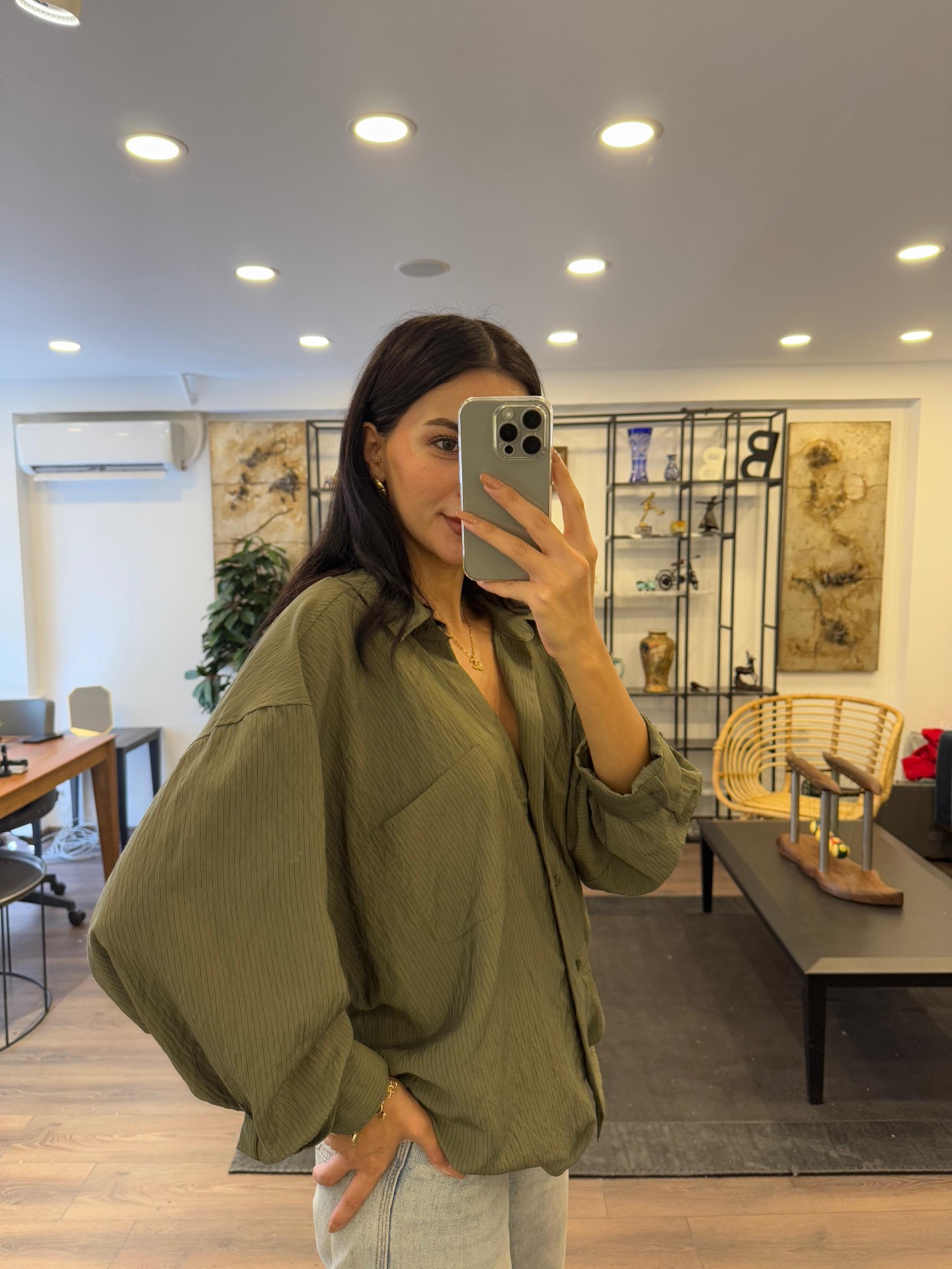 Kendinden Çizgili Cepli Haki Gömlek - Haki