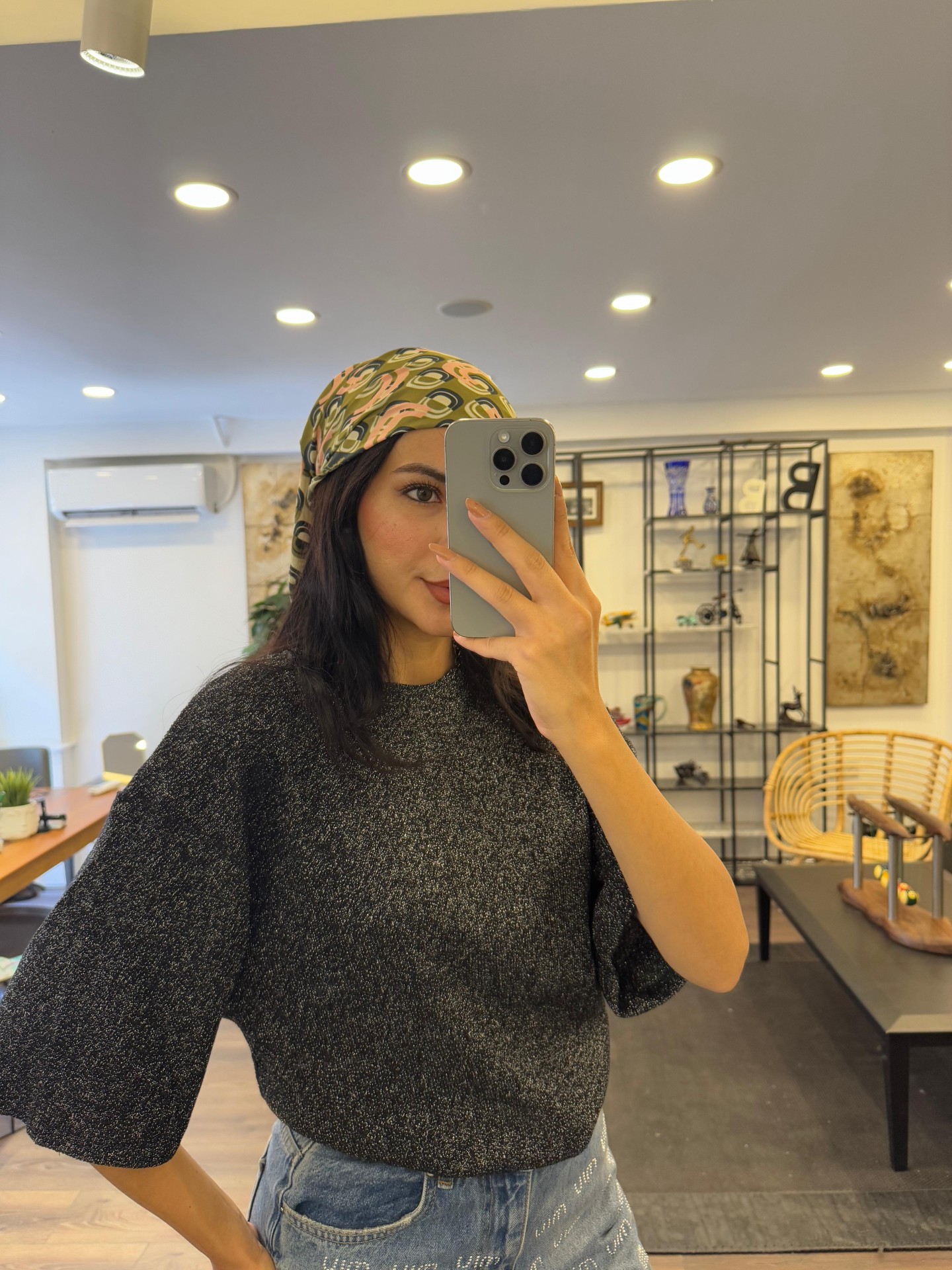 Bisiklet Yaka Simli Tshirt - Açık gri simli