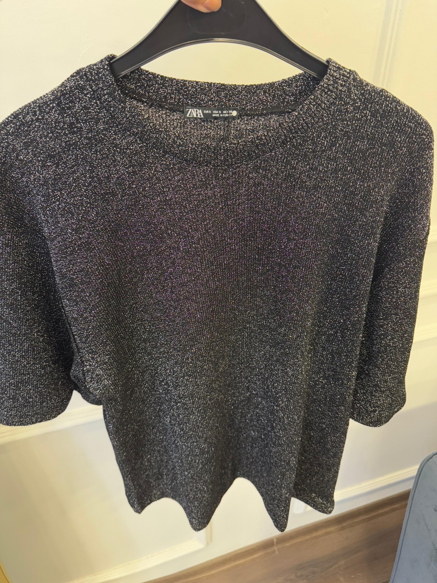 Bisiklet Yaka Simli Tshirt - Açık gri simli